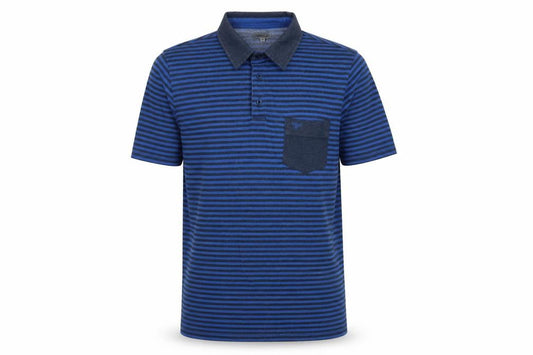 Front view of Marley men’s blue striped cotton polo, size M, collared button