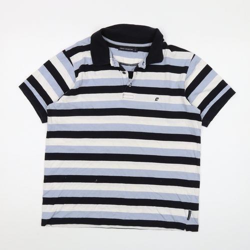 French Connection Mens Blue Striped Cotton Polo Size M Collared Button