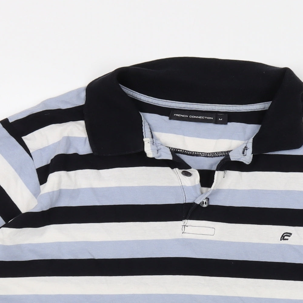 French Connection Mens Blue Striped Cotton Polo Size M Collared Button