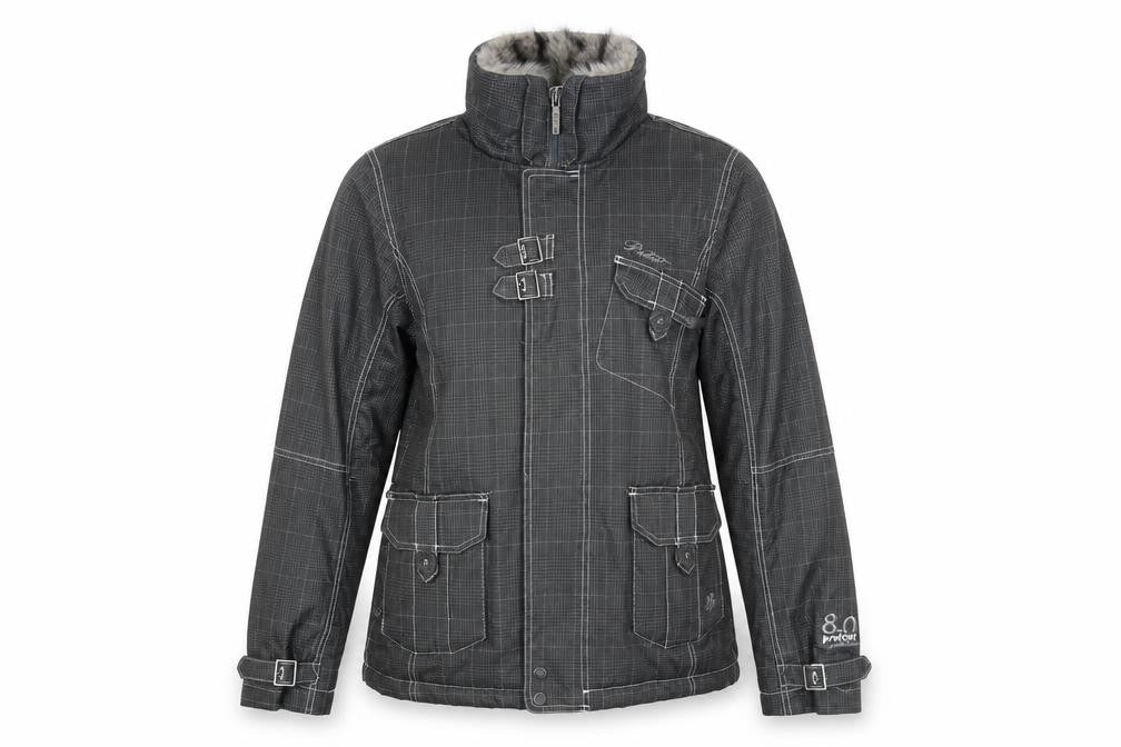 Front view of Protest women’s grey check gilet coat, size UK 14, zip