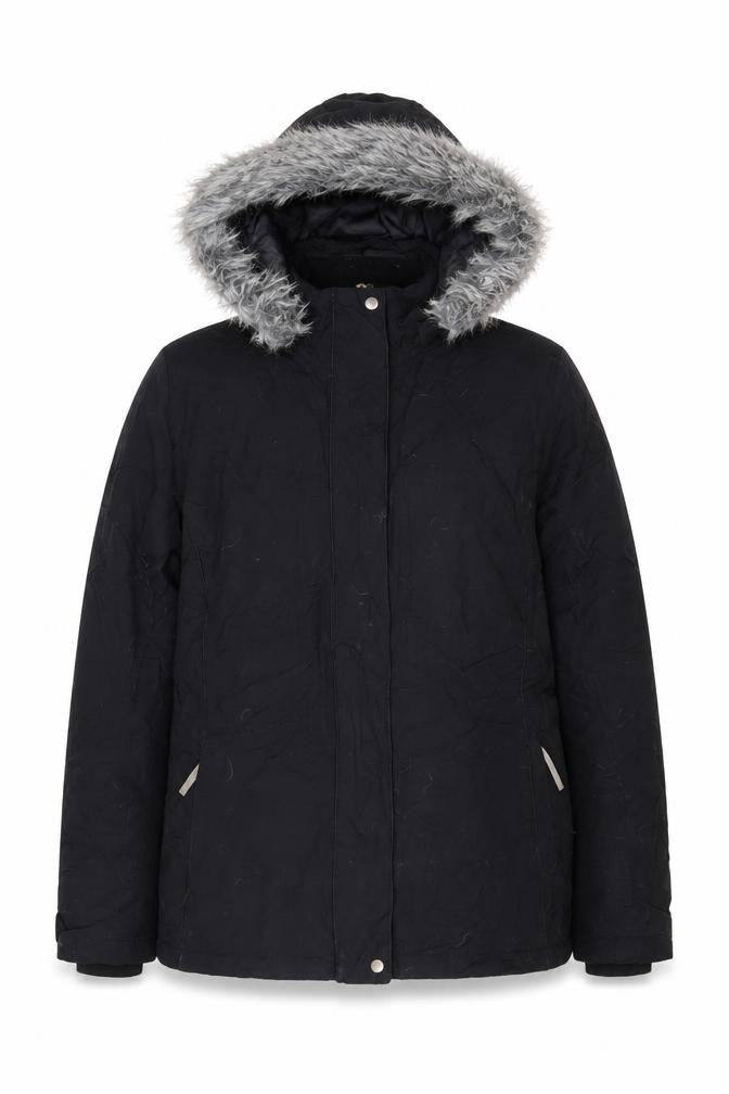 Front view of Paola Mondo women’s black jacket coat, size UK 12, zip