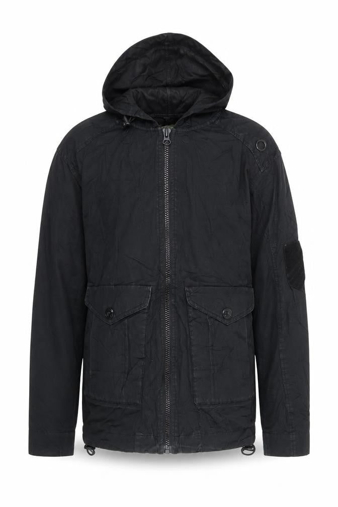 Front view of MCR men’s black jacket coat, size S, zip