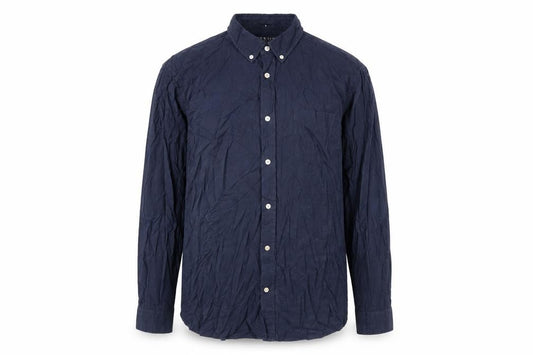 Front view of Howick men’s blue cotton button-up, size L, collared button