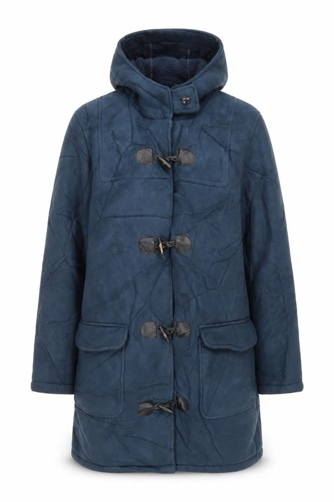 Front view of Cotton Traders women’s blue overcoat coat, size UK 16, toggle