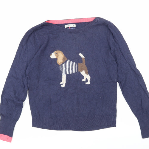 Joules Womens Blue Boat Neck Herringbone Cotton Pullover Jumper Size 10 - Beagle