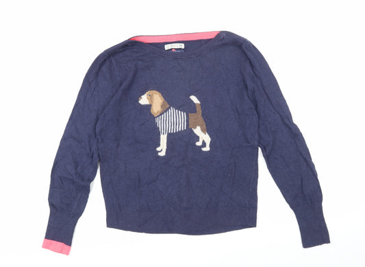 Joules Womens Blue Boat Neck Herringbone Cotton Pullover Jumper Size 10 - Beagle