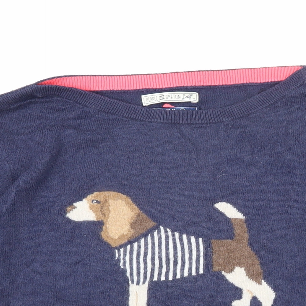 Joules Womens Blue Boat Neck Herringbone Cotton Pullover Jumper Size 10 - Beagle