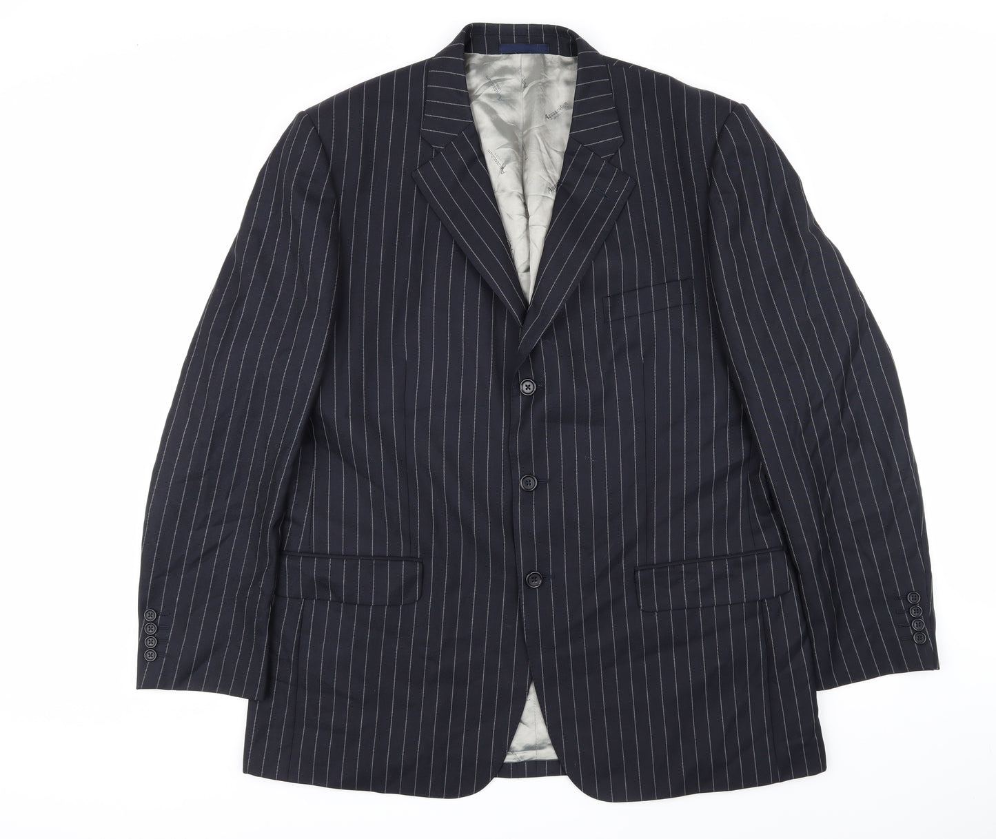 Aquascutum Mens Black Striped Wool Jacket Blazer Size 46 Regular