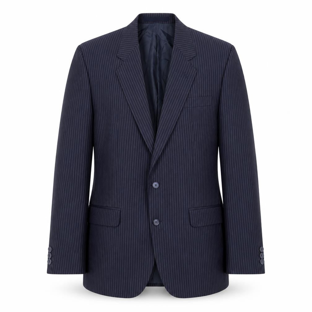 Front view of The Label men’s blue striped wool jacket blazer, size 40, regular