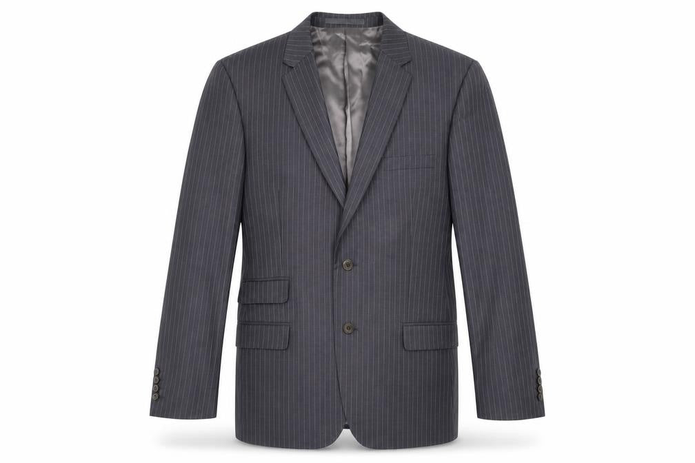 Front view of Kenneth Cole men’s grey striped wool jacket blazer, size 42, regular