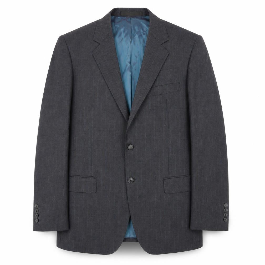 Front view of Marks & Spencer men’s grey striped wool jacket blazer, size M, regular
