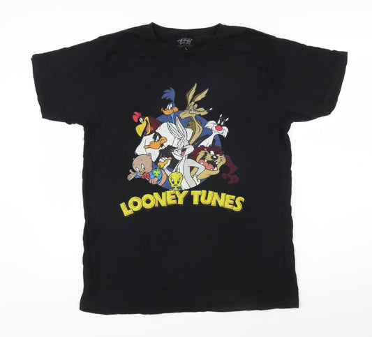 Looney Toons Womens Black Herringbone 100% Cotton Basic T-Shirt Size L Round Neck - Looney Tunes