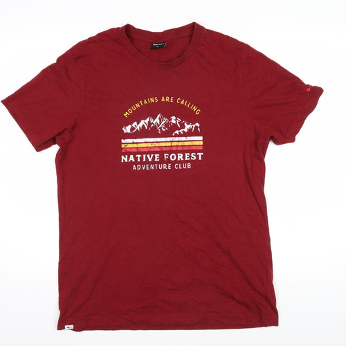 Hitek Mens Red Cotton T-Shirt Size L Round Neck - Mountains are calling Native forest adventure club