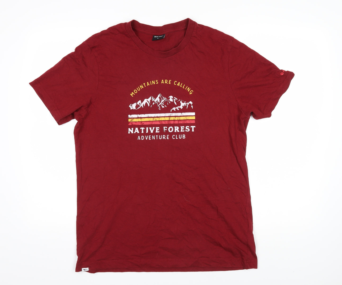 Hitek Mens Red Cotton T-Shirt Size L Round Neck - Mountains are calling Native forest adventure club