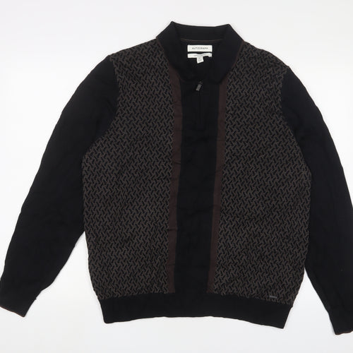 Autograph Mens Black Geometric Cotton Polo Size XL Collared Zip
