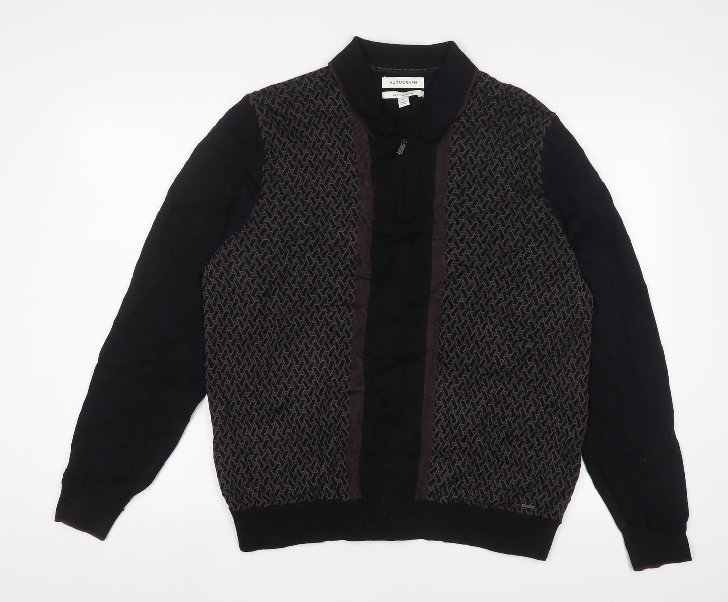 Autograph Mens Black Geometric Cotton Polo Size XL Collared Zip