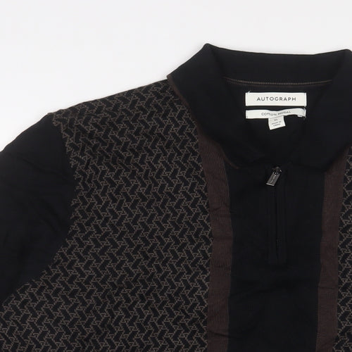 Autograph Mens Black Geometric Cotton Polo Size XL Collared Zip