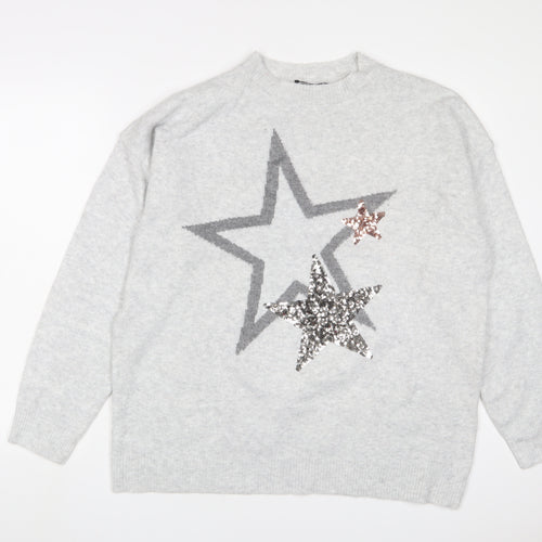Marks and Spencer Womens Grey Round Neck Acrylic Pullover Jumper Size L - Stars, Sequins