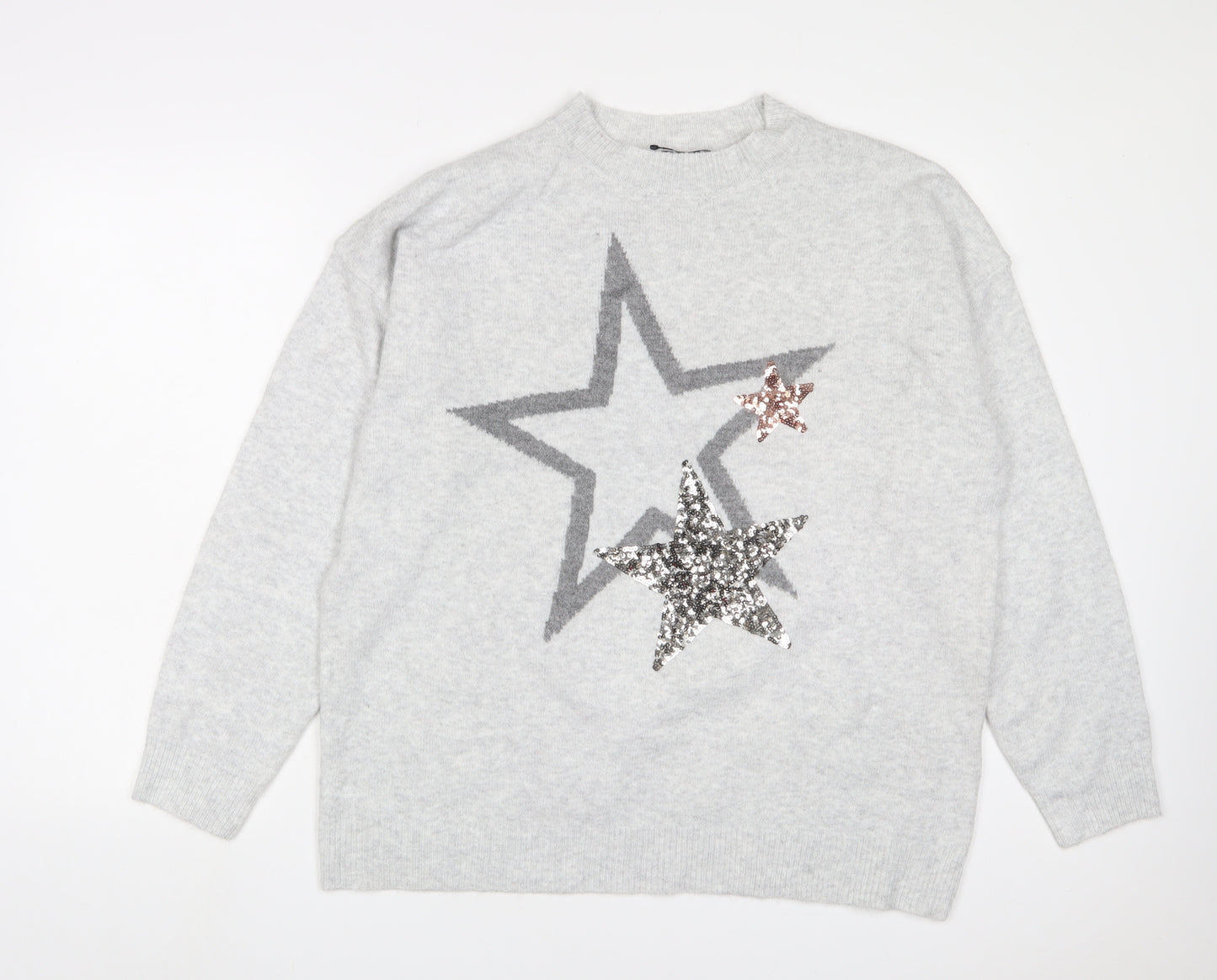 Marks and Spencer Womens Grey Round Neck Acrylic Pullover Jumper Size L - Stars, Sequins