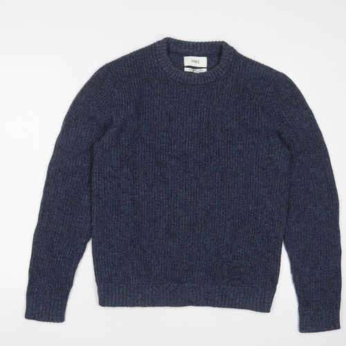 Marks and Spencer Mens Blue Crew Neck Wool Pullover Jumper Size S Long Sleeve