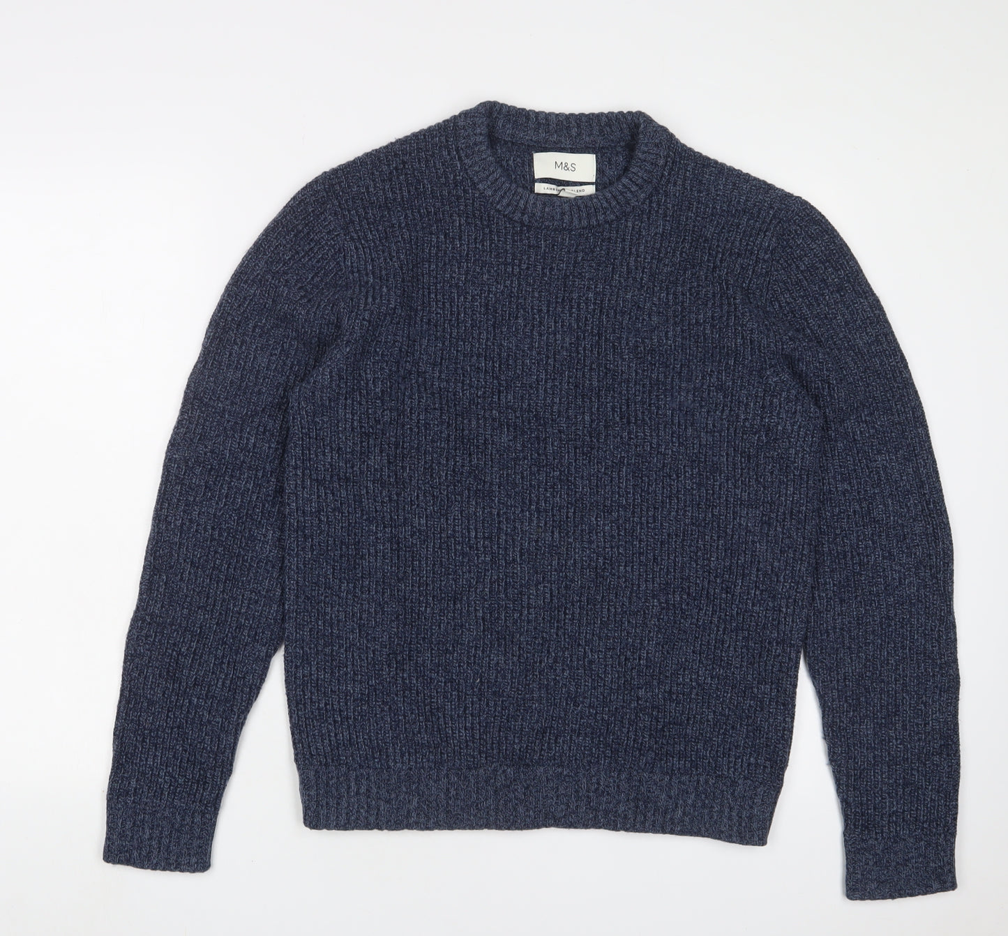 Marks and Spencer Mens Blue Crew Neck Wool Pullover Jumper Size S Long Sleeve