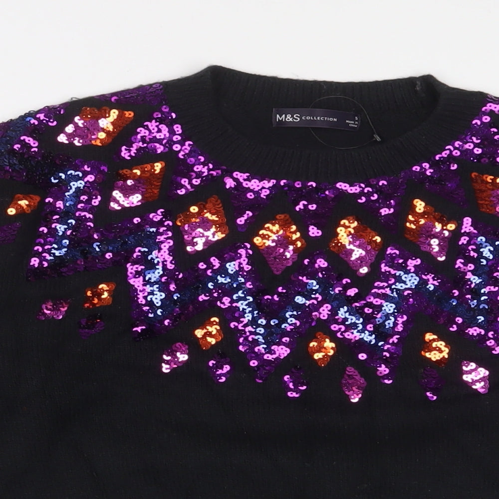 Marks and Spencer Womens Black Round Neck Fair Isle Polyester Pullover Jumper Size S - Sequins