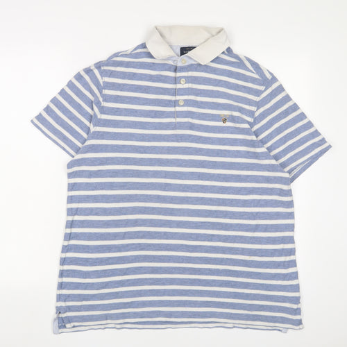 Howick Tailored Mens Blue Striped Cotton Polo Size L Collared Button - Logo, Embroidered