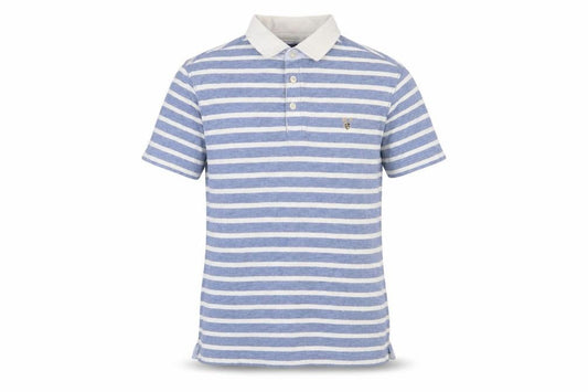 Front view of Howick Tailored men’s blue striped cotton polo, size L, collared button - logo, embroidered