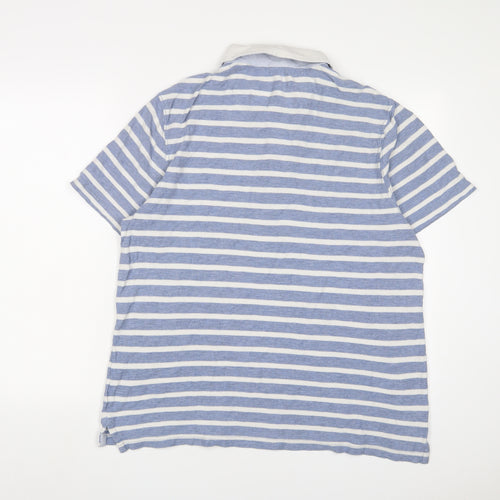 Howick Tailored Mens Blue Striped Cotton Polo Size L Collared Button - Logo, Embroidered