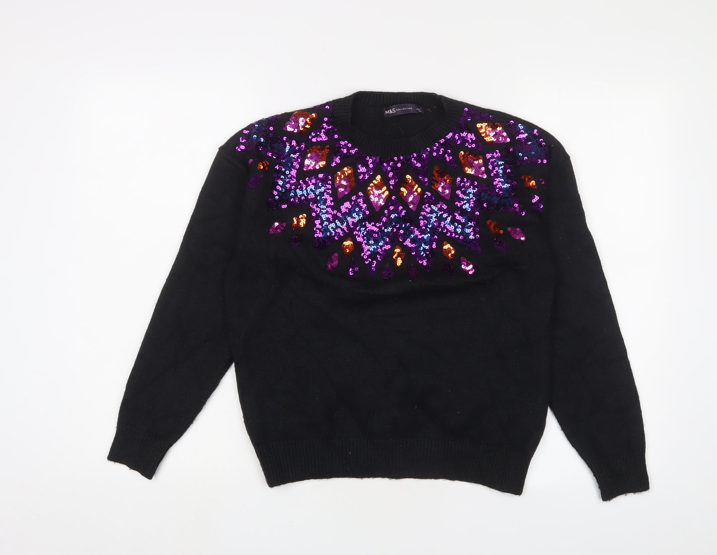 Marks and Spencer Womens Black Round Neck Fair Isle Polyester Pullover Jumper Size S - Sequins