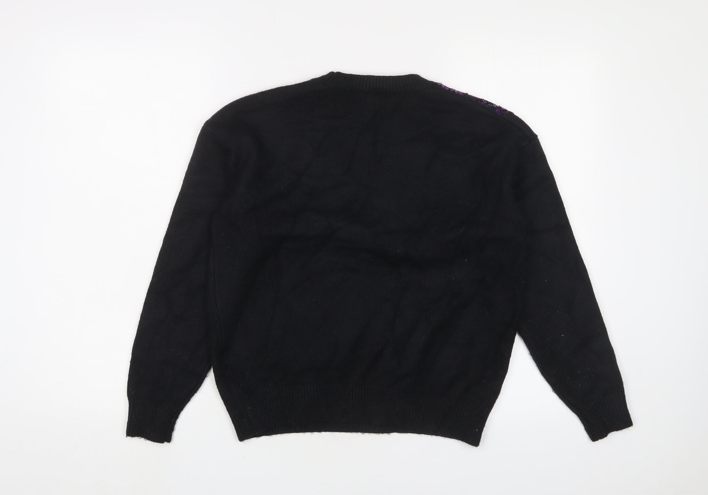 Marks and Spencer Womens Black Round Neck Fair Isle Polyester Pullover Jumper Size S - Sequins
