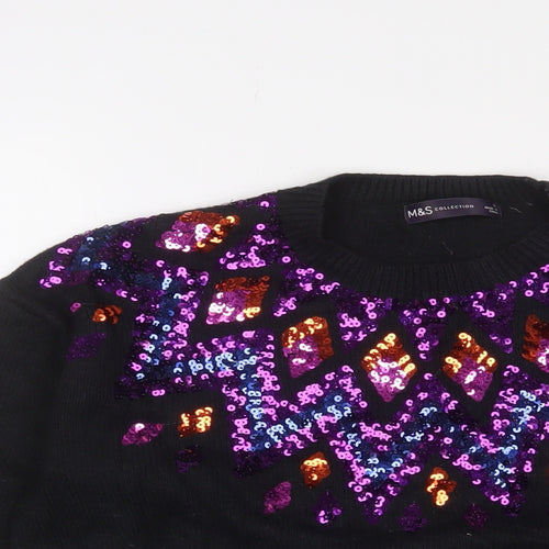 Marks and Spencer Womens Black Round Neck Fair Isle Polyester Pullover Jumper Size S - Sequins