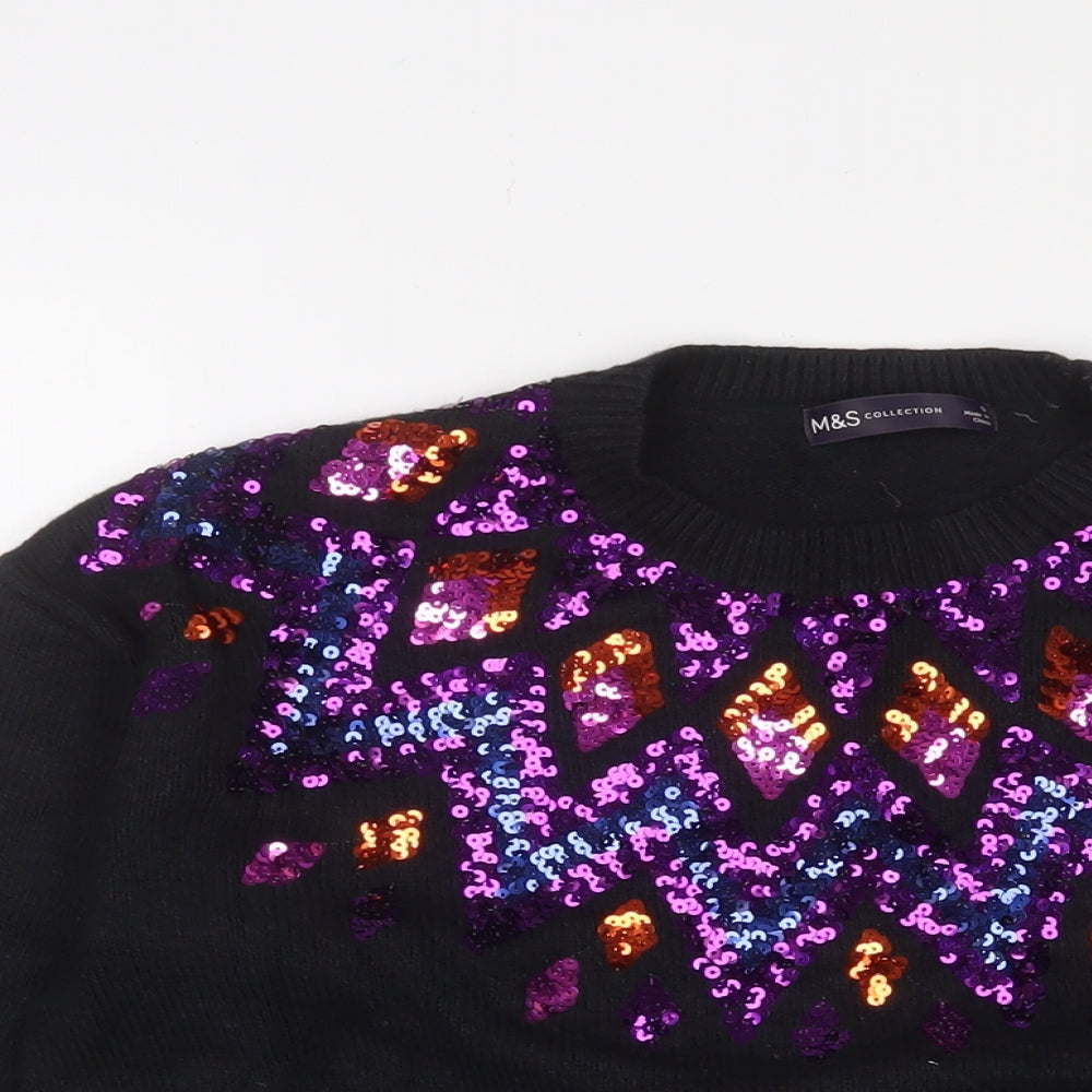 Marks and Spencer Womens Black Round Neck Fair Isle Polyester Pullover Jumper Size S - Sequins