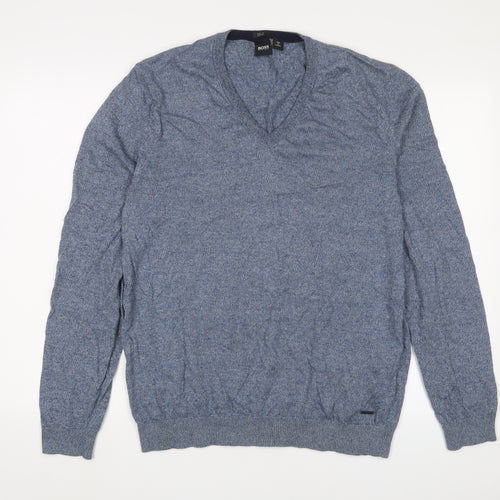 HUGO BOSS Mens Blue V-Neck Cotton Pullover Jumper Size XL Long Sleeve
