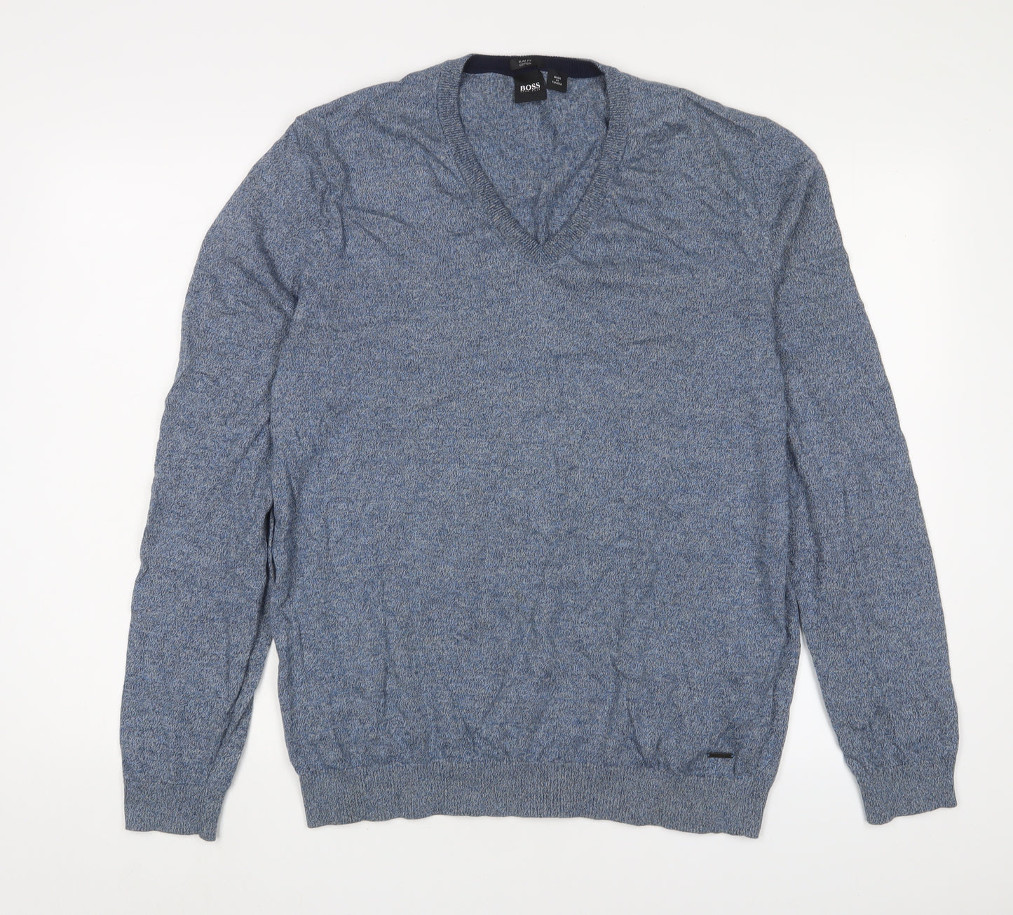 HUGO BOSS Mens Blue V-Neck Cotton Pullover Jumper Size XL Long Sleeve