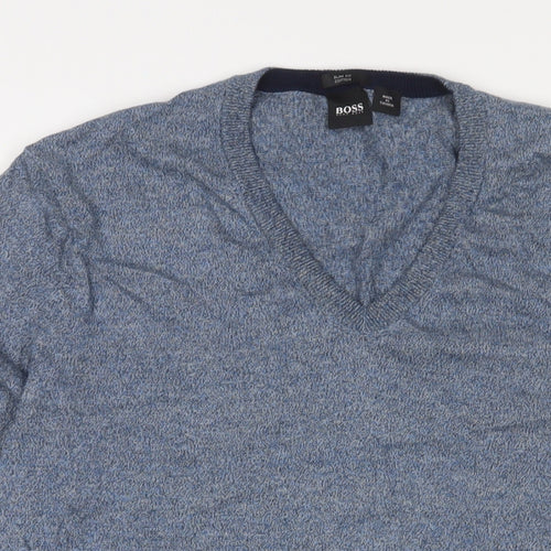 HUGO BOSS Mens Blue V-Neck Cotton Pullover Jumper Size XL Long Sleeve