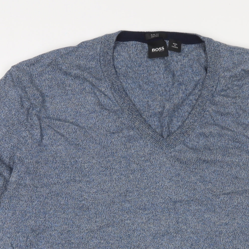 HUGO BOSS Mens Blue V-Neck Cotton Pullover Jumper Size XL Long Sleeve
