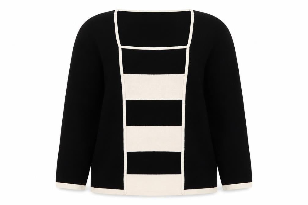 Front view of Willi Smith women’s black square neck striped viscose jumper, size M
