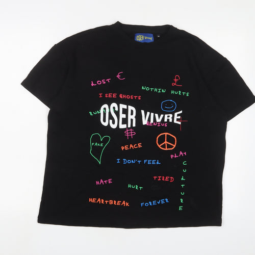 Oser Vivre Womens Black Geometric Cotton Cropped T-Shirt Size M Crew Neck