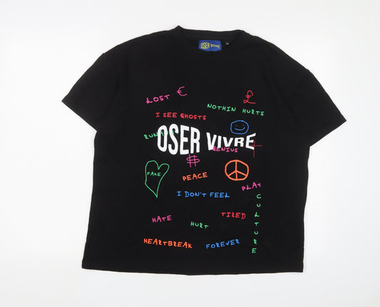 Oser Vivre Womens Black Geometric Cotton Cropped T-Shirt Size M Crew Neck