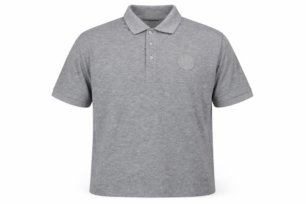 Front view of Elbow men’s grey polyester polo, size XL, collared button - logo, embroidered