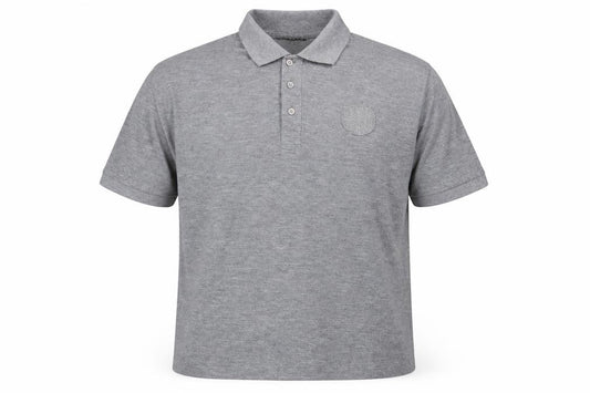 Front view of Elbow men’s grey polyester polo, size XL, collared button - logo, embroidered