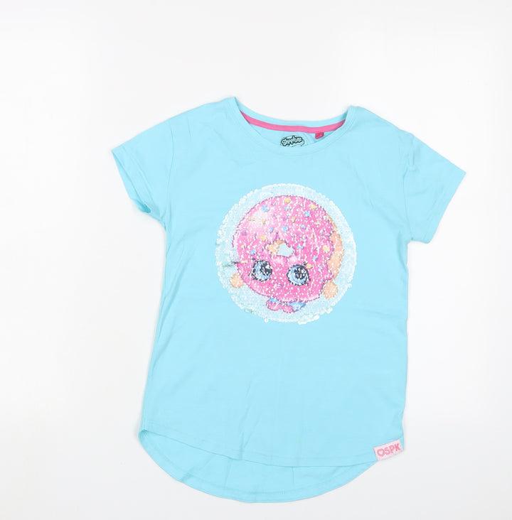 Shopkins Girls Blue Cotton Basic T-Shirt Size 9 Years Crew Neck Pullover - Sequins