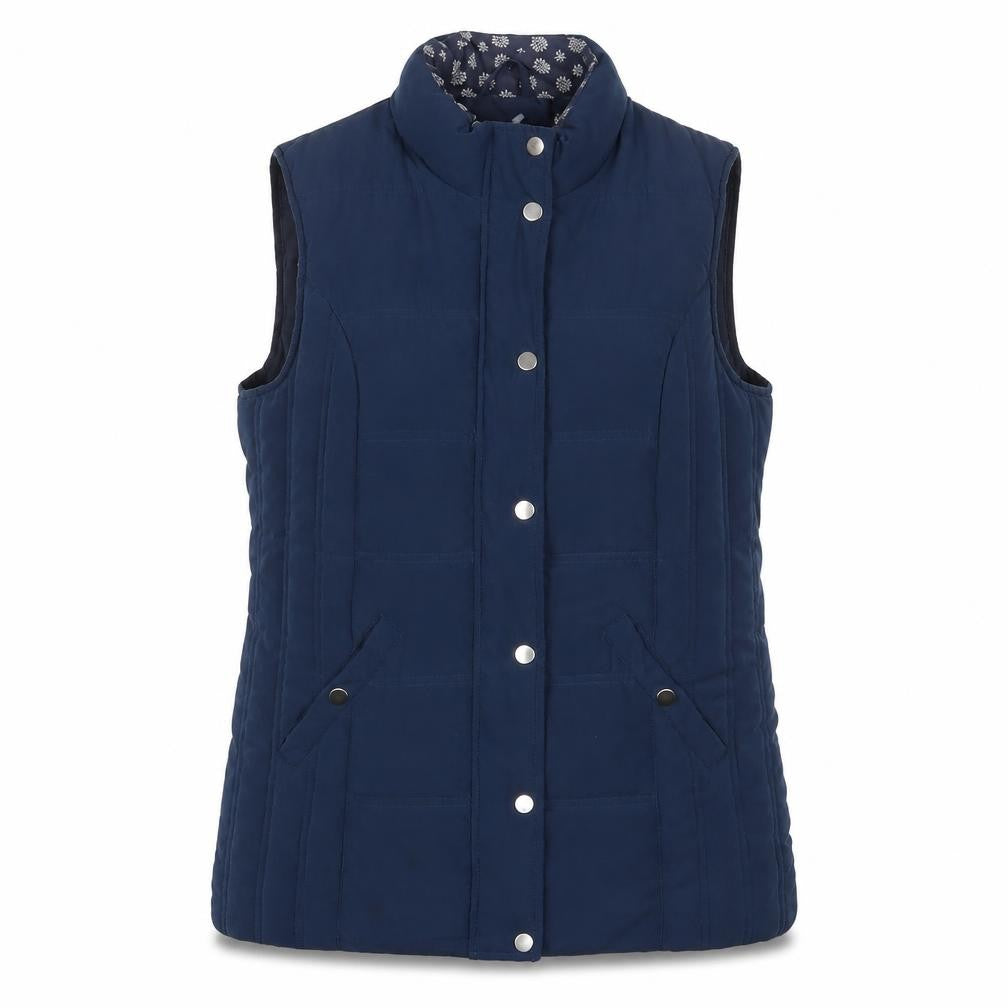 Front view of Damart women’s blue gilet jacket, size UK 12, zip