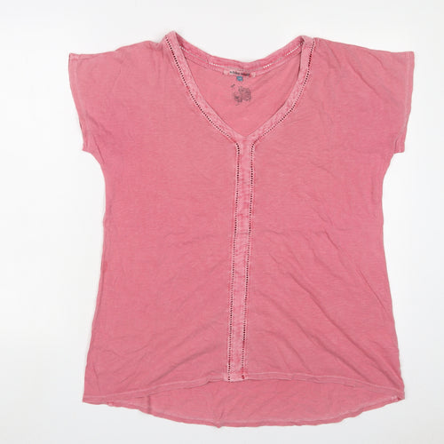 White Stuff Womens Pink Cotton Basic T-Shirt Size 14 V-Neck - Embroidered