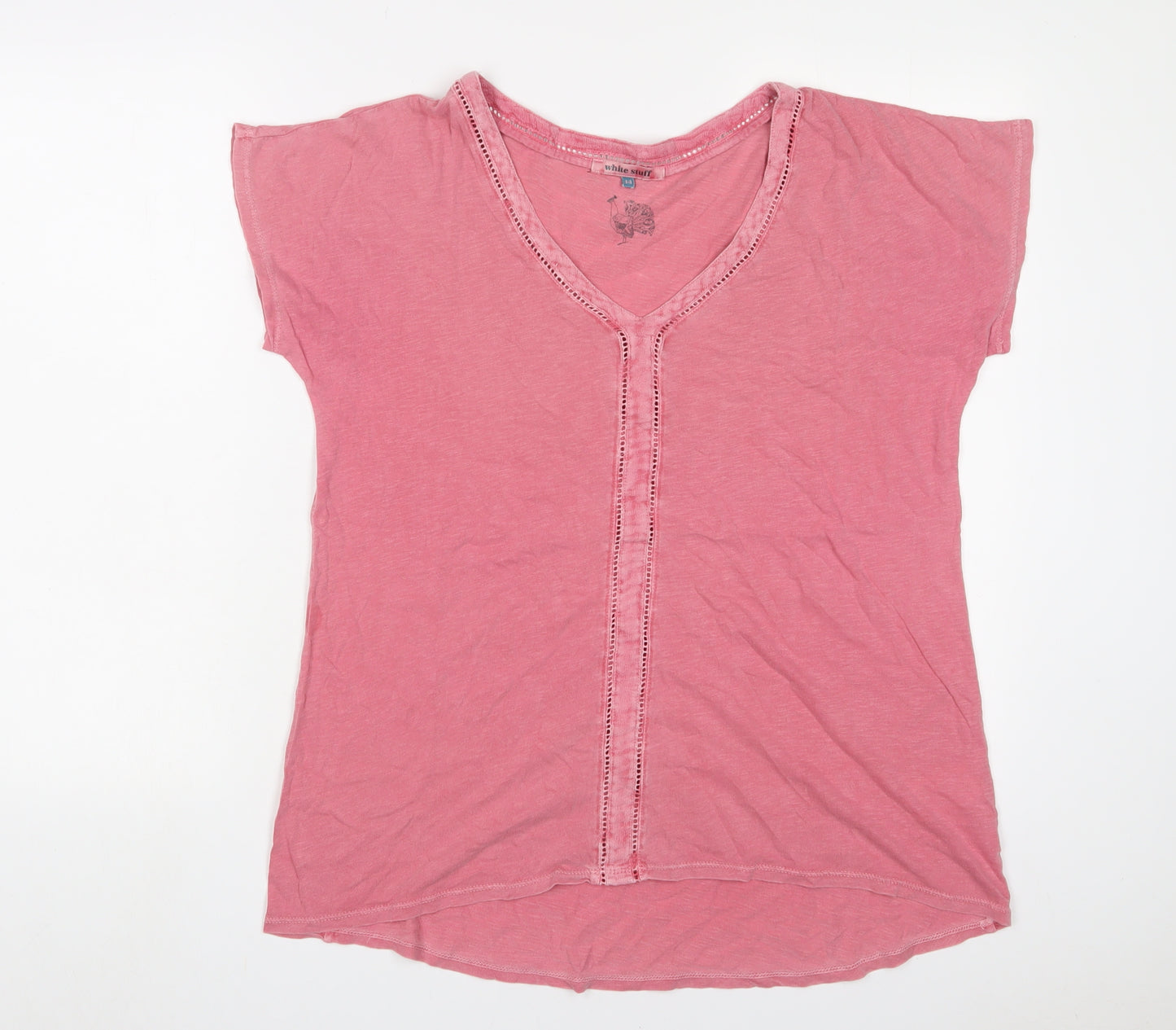 White Stuff Womens Pink Cotton Basic T-Shirt Size 14 V-Neck - Embroidered