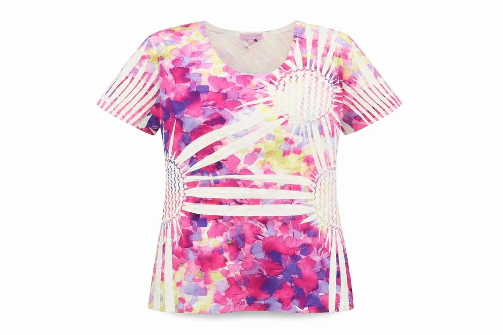 Front view of Sarah Hamilton women’s pink floral polyester basic t-shirt, size M, crew neck - pleated