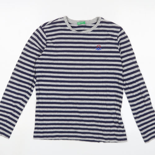 United Colors of Benetton Boys Gold Striped Cotton Basic Casual Size 11-12 Years Crew Neck Pullover - Logo, Embroidered