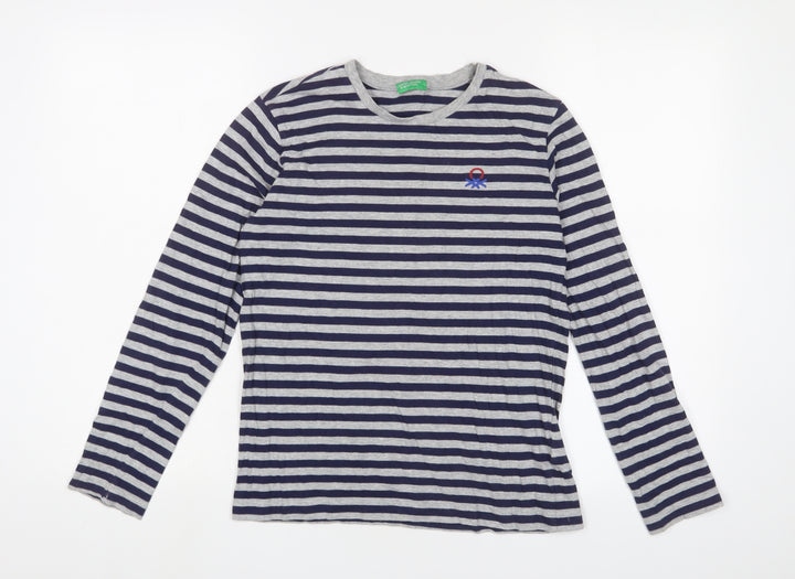 United Colors of Benetton Boys Gold Striped Cotton Basic Casual Size 11-12 Years Crew Neck Pullover - Logo, Embroidered