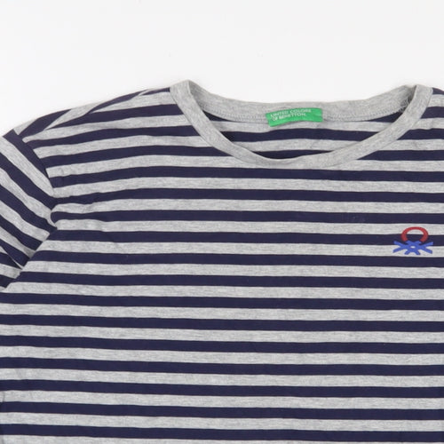 United Colors of Benetton Boys Gold Striped Cotton Basic Casual Size 11-12 Years Crew Neck Pullover - Logo, Embroidered
